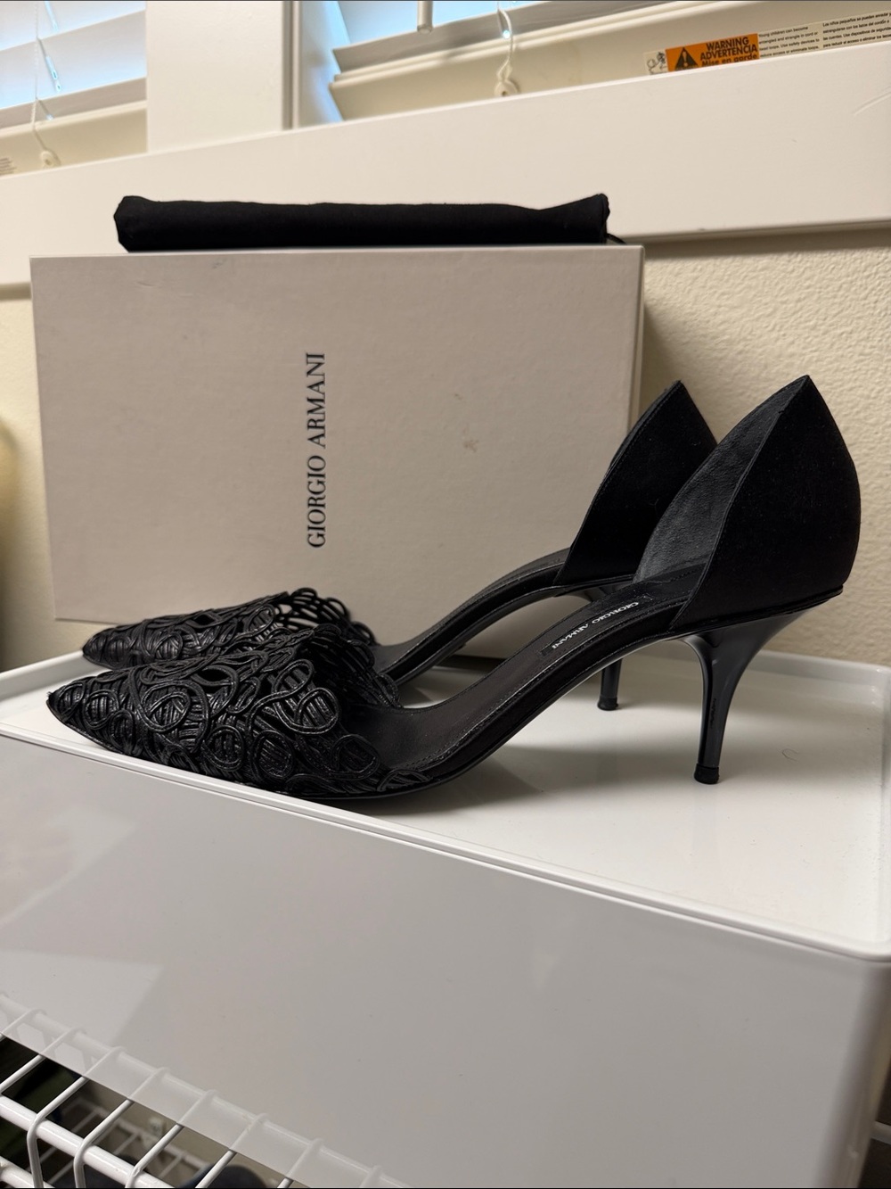 Giorgio Armani Black Pointed D'Orsay Stiletto Heels with Loop Embroidery Sz 40